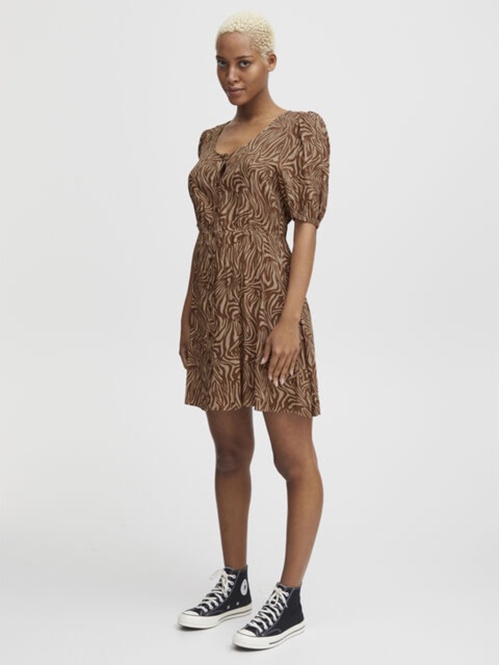 ICHI | Brown Printed V-Neck Button-Front MIDI Dress